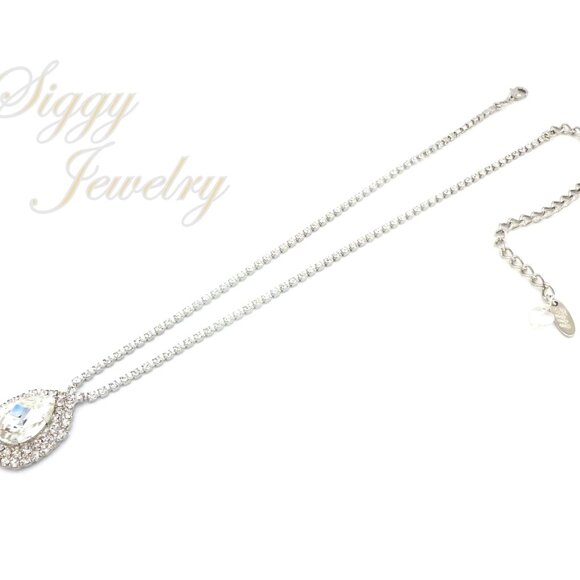 Bridal Pendant Necklace, Large Center Pear Crystal with Sparkling Double Halo - Picture 3 of 6
